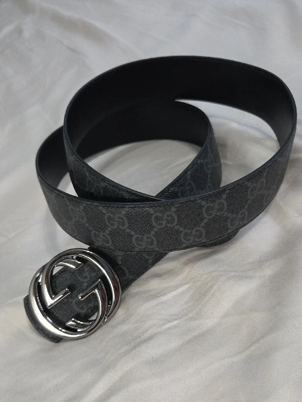 Gucci Reversible Gray Monogram GG Leather Belt with Silver Double G Buckle